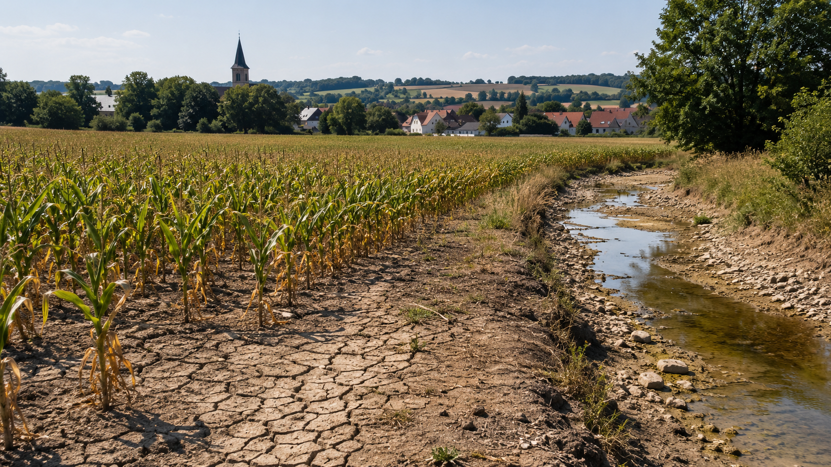 KI-generiertes Symbolbild einer trockenen deutschen Agrarlandschaft: ausgedörrter Maisacker, niedriger Bachlauf und mitteleuropäisches Dorf im Hintergrund.