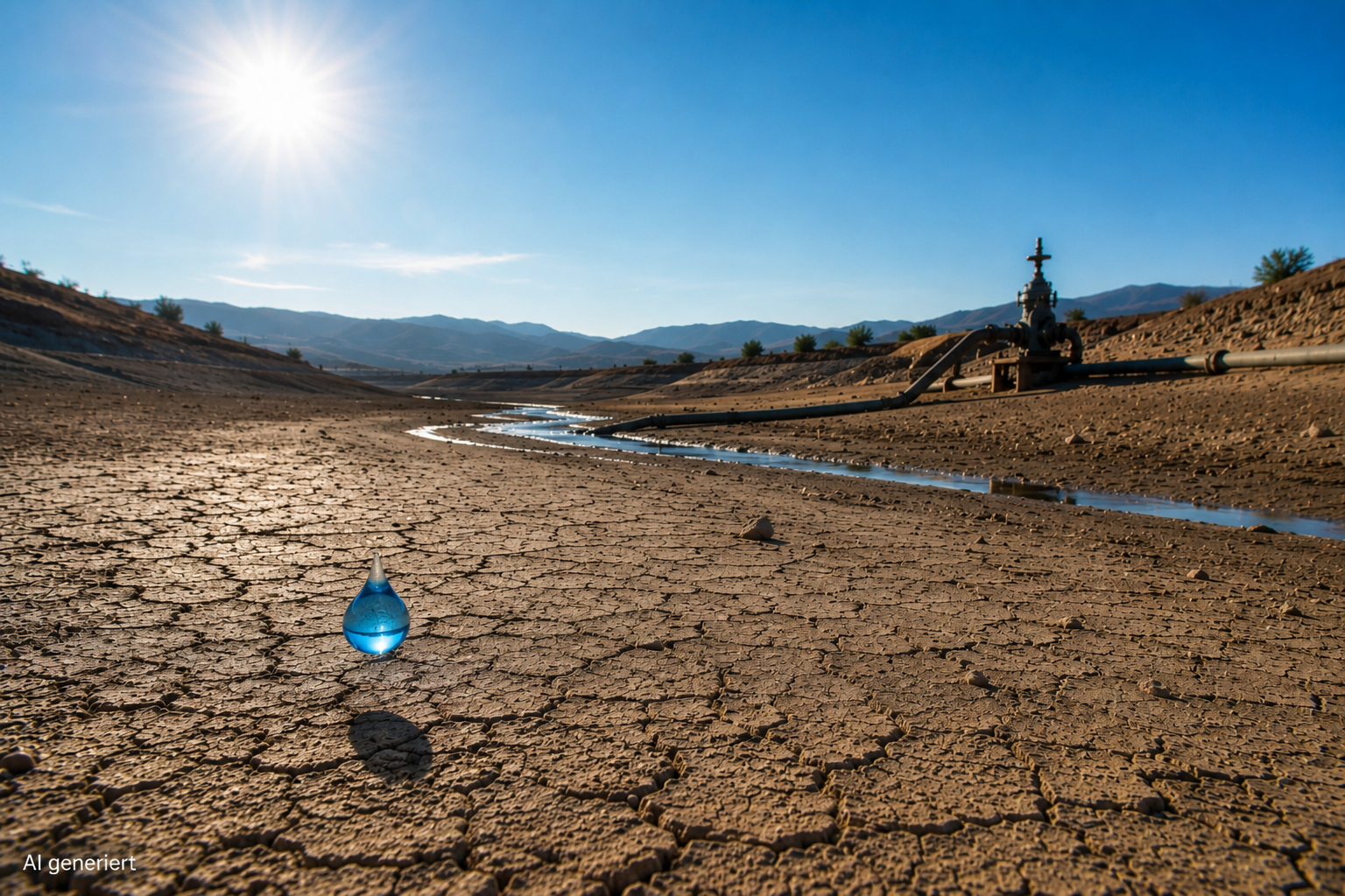 KI-generiertes Symbolbild eines ausgetrockneten Reservoirs mit Wasserleitung und einem einzelnen blauen Wassertropfen im Vordergrund