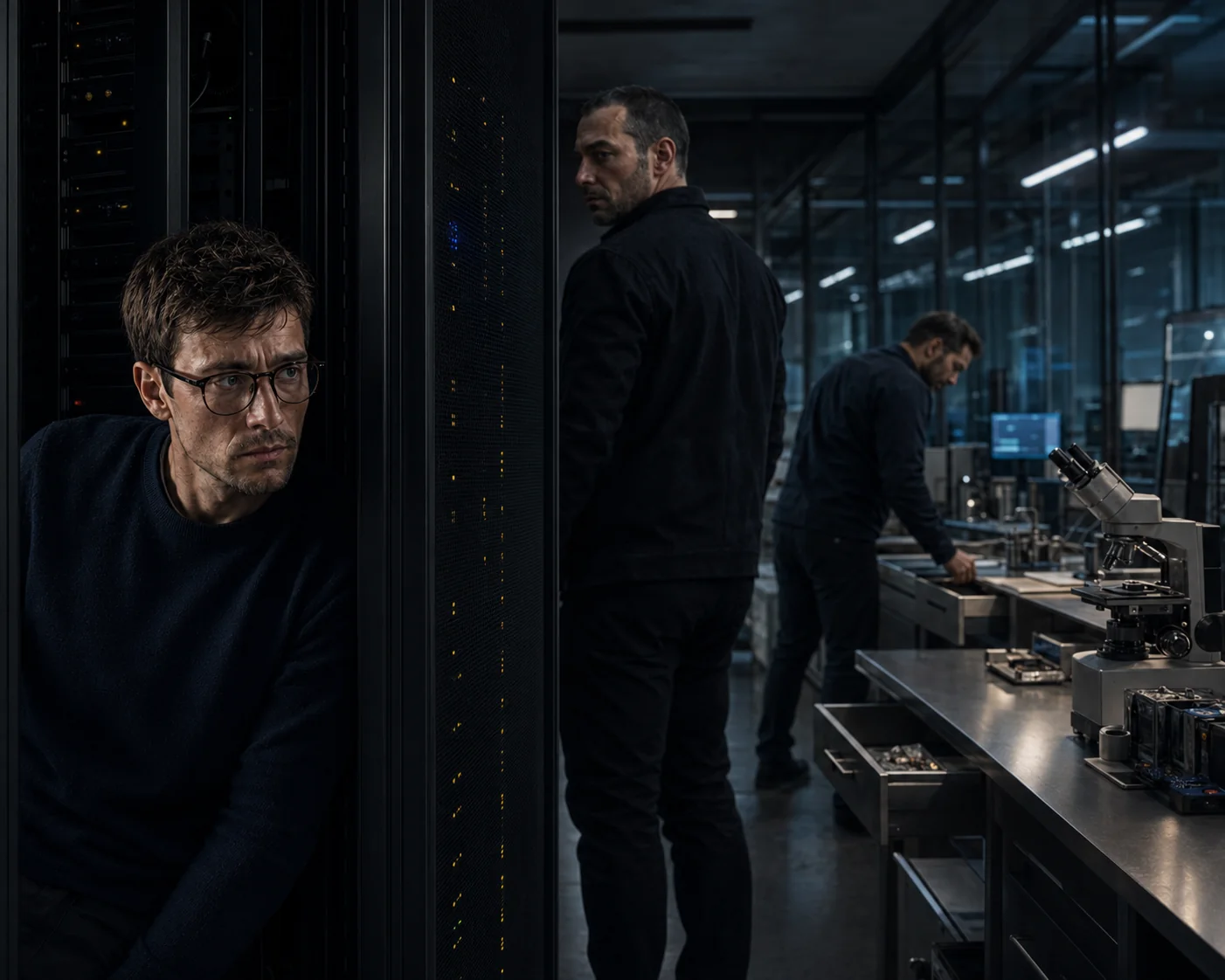 Leo versteckt sich hinter einem Serverrack, während zwei Männer das nächtliche Forschungslabor durchsuchen